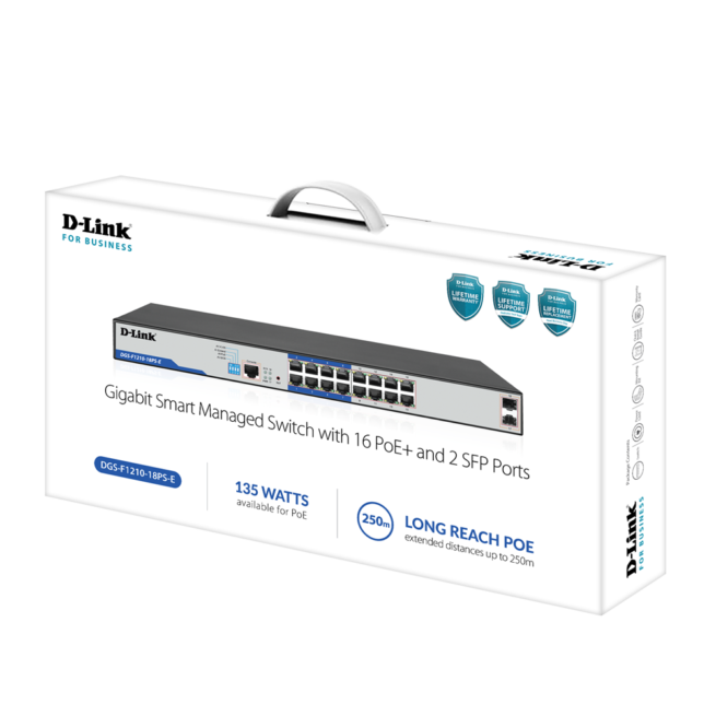 D-LINK DGS-F1210-18PS-E 18-Port Gigabit Smart Managed PoE+ Switch with 16 PoE+ Ports (8 Long Reach 250m)