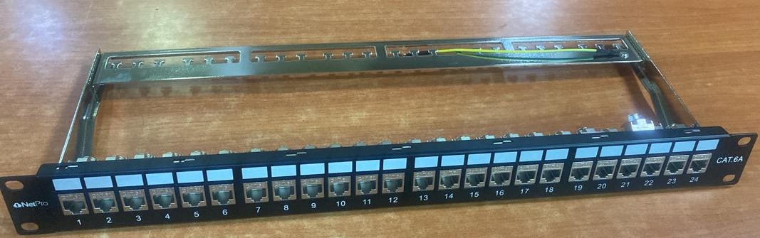 Netpro 24-Port Cat6A Shielded Patch Panel, 1U 19" Metal Housing, 10G Ready, Cat5e,Cat6,Cat6A Compatible, Cable Management, Color-Coded Labeling for T568A and T568B Wiring, Black, NT-6ASFTP-PP-24,